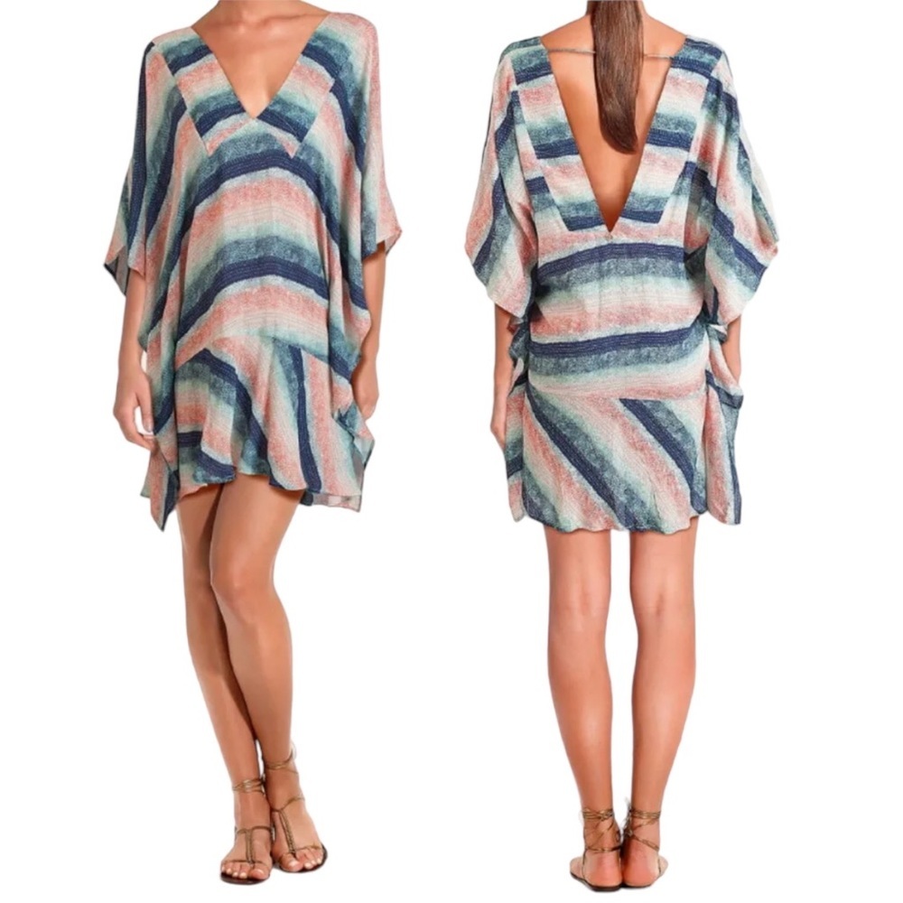$178 VIX Flowy Swim Cover Up Small Caftan V Front Neck V Back w Strap Side Vent
